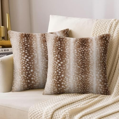 cygnus Faux Fur Deer Print Throw Pillow Covers 18x18 Inch Antelope Pillow Covers Fluffy Fuzzy Animal Print Decorative Square Cushion Covers for Couch Sofa Living Room Bedroom Decor