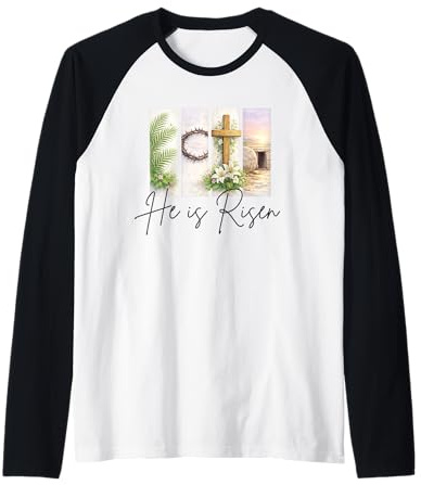 Él es Resucitado Cristiano Pascua Jesucristo Tumba Vacía Cruz Camiseta Manga Raglan