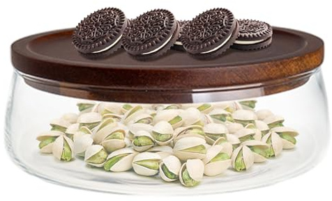 Bol de service en verre, bol à salade en verre transparent avec couvercle en bois, rond pour le stockage des aliments, pour salade de fruits, collations, bonbons, cuisine, salle à manger, fête