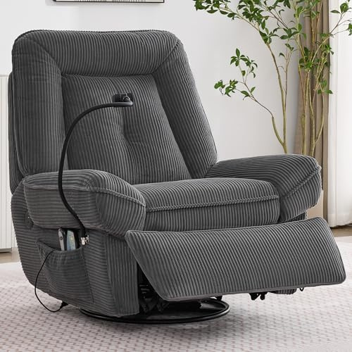 Calivra Sillón de TV eléctrico con masaje y calefacción, sillón relax giratorio 360 ° con función balancín, sillón de pana con puerto USB, soporte para teléfono móvil y bolsillos laterales