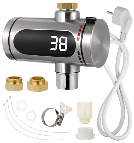 SHERCHPRY Grifo Eléctrico Termo Instantaneo Electrico de Acero Inoxidable para Cocina con Pantalla Digital LED y Sistema Integrado para Calentador de Agua sin Tanque
