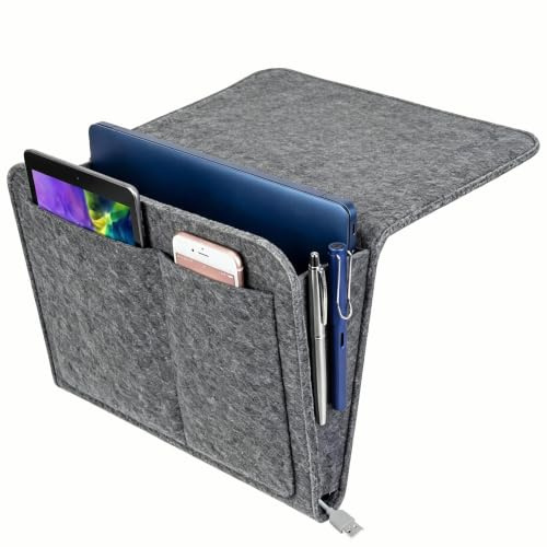 Zhcwldmi Bettorganizer zum Hängen aus dickem Filz, Betttasche zum Einhängen für Sofa & Bett, Nachttisch zum Einhängen, Organizer Bett für Handy, Fernbedienung, Buch (20x32cm) (Grau)