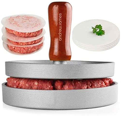 Andrew James Quarter Pounder Hamburger Maker | Cast Aluminium Burger Press and Meat Tenderiser with Wooden Handle | Includes 100 Wax Paper Discs