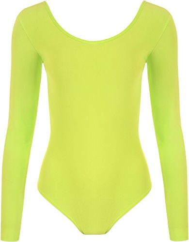 WearAll - Damen Body elastisch Langarm Bodysuit Top - Fluoreszierend Grün - 36-38