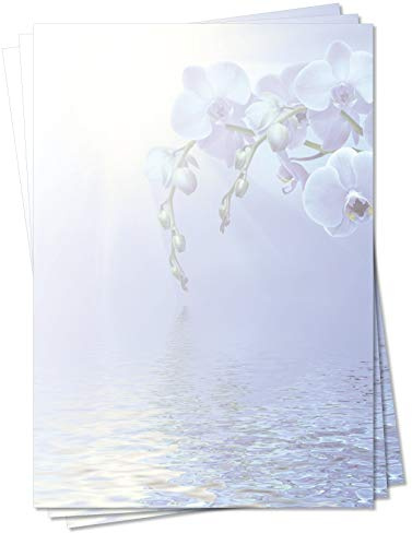 Motiv Briefpapier (Blumen-5095, DIN A4, 100 Blatt) Briefpapier mit wunderschöner heller Orchidee und endloses blaues Wasser