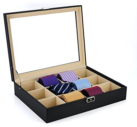 TIMELYBUYS Aufbewahrungsbox für Krawatten, für 12 Krawatten, Gürtel und Herrenzubehör, schwarze Kohlefaser, Aufbewahrungsbox zum Vatertag