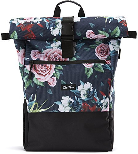 Ela Mo Rucksack Damen - Rolltop schön u. durchdacht - Laptop Rucksäcke für Frauen - Anti Diebstahl Tasche für Schule, Uni, Business (Blumen)