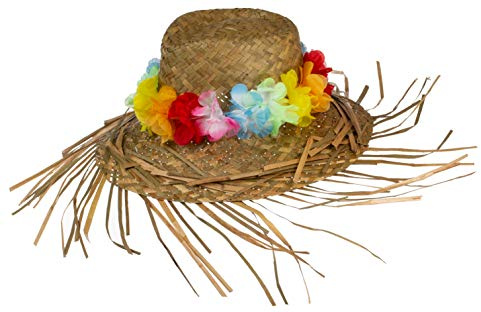 Brandsseller Cappello di paglia hawaiano, cappello da sole con catena di fiori e frange, per adulti, cappello da spiaggia e festival estivi, Ø 32 cm