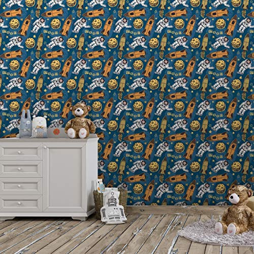 Coole Weltraum Kinderzimmer TapeteRocket Moon, blaue Vlies Tapete Kinder, Space GMM Kindertapete, Wohnakzent, Wanddeko Wandgestaltung für ihr Heim (H: 3m B: 46,5cm)