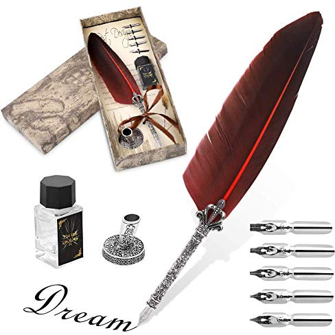 Ejoyous 0.5mm Stylo Dip à Plume avec Pot d'encre, Rétro Plume Calligraphie avec 5 Plumes de Rechange, Stylo Plume Set Quill pour Écriture ou , Rouge