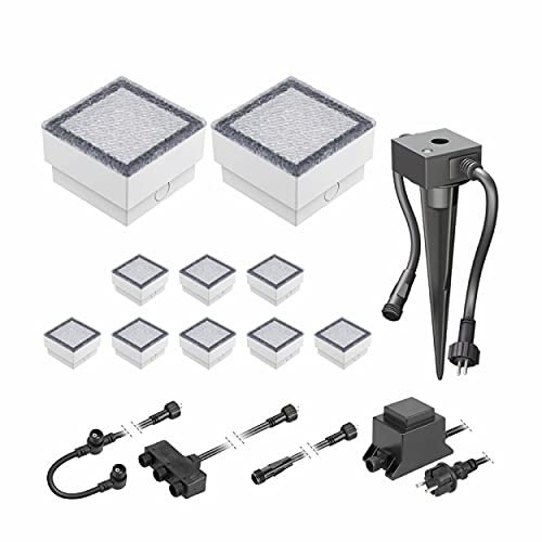 ledscom.de LED Pflaster-Stein Gorgon Boden-Einbauleuchte mit Dämmerungssensor für außen, 10x10cm, 12V, blau 10er Set