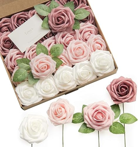 Ling's Moment Artificial Flowers, 25Pcs 3 Roses in Dusty Rose Shades, Realistic DIY Foam Floral Decor for Wedding Bouquets/Centerpieces, Outdoor Party Backdrops, Room/Table, and Garden/Pot Decoration