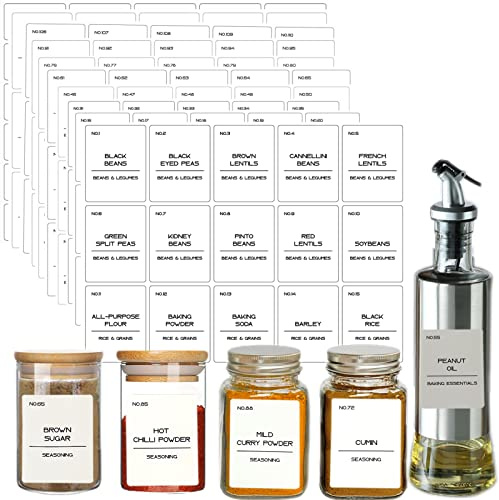 FAPUMOE 165PCS Waterproof Spice Labels Sticker, Minimalist Spice Jar Labels Preprinted Black Text on White Label Fits For Round or Rectangular Spice Jars - Seasoning Grains Flour Baking Labels
