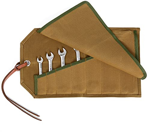 Werkzeug-Aufbewahrungstasche, tragbarer 16oz gewachstes Segeltuch Schraubenschlüssel-Organisator, 7 Taschen - Metrisch & SAE - Schraubenschlüssel-Set-Rolle mit Bindeseil, Khaki (15.5 L x 9 W)