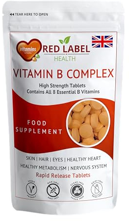 Red Label Health Vitamin B Complex High Strength 30 Tablets (1 Month Supply) - B1, B2, B3, B5, B6, B12, Biotin & Folic Acid for Men & Women, Vegan & Vegetarian-Friendly