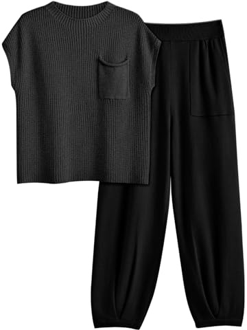 LILLUSORY Damen Lszsf0807 Rundhalsausschnitt (2er Pack) | Trendiges Outfit, Rundhalsausschnitt, Vordertasche, schmal zulaufende Hose, Sommer-Loungewear, vielseitige Resortkleidung für
