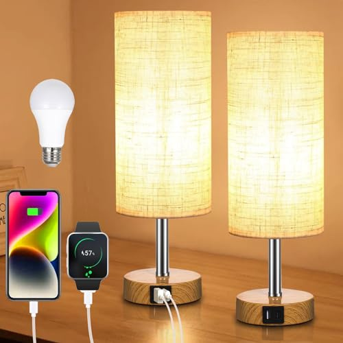 Neoglint Nachttischlampe 2er Set,3000K Warmweiß, USB A + C-anschluss, Nachttischlampe Touch Dimmbar,lampenschirm Aus Leinen,E27-glühbirne,geeignet Für Schlafzimmer Und Wohnzimmer