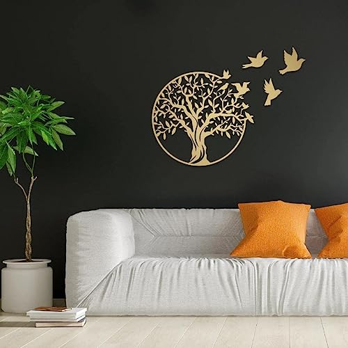 DXJ Metall Wanddeko Baum des Lebens Baum des Lebens und 3 Vögel Wanddekoration Metall Baum des Lebens Wanddekoration Runde Metall Wanddekoration für Zimmer Garten Außen (Gold D'Gold, 49)