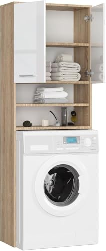 BDW Waschmaschinenschrank 180 x 64 x 30 cm – Glanz Badregal Hochschrank Waschmaschine Bad Schrank Badezimmerschrank Überbau Glänzend - Eiche Sonoma/Weiß