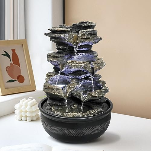BBabe 15.7 High Rock Cascading Tabletop Fountain, Zen Meditation Indoor Waterfall Feature with LED Light for Home Office Bedroom Relaxation