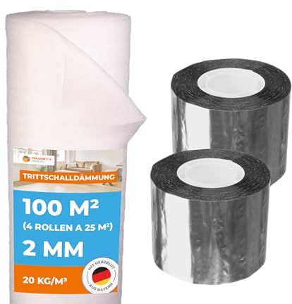 Trittschalldämmung 2 mm Profi Basic 100 m² 4 Rollen + 2 Rollen Aluminium Klebeband | Laminatunterlage und Parkettunterlage zur Schall- und Wärmedämmung | Fußbodenheizung