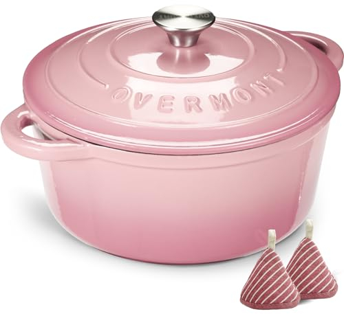 Overmont Bräter emaille Gusseisen Topf - Schmortopf 26cm backofengeeignet - mit Deckel und Kochbuch - für Küche Backen Schmoren Braten Rosa