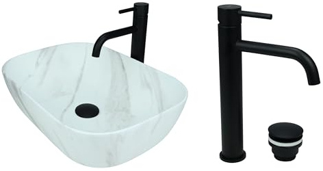 GTM Design Aufsatzwaschbecken Matt Set mit Waschtischbatterie und Stopfen - Aufsatzwaschbecken Oval für Badezimmer - Modern Waschbecken ohne Hahnloch - Waschbecken mit Armature - Modell 11