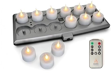 Smart Candle Led Teelichter wiederaufladbar mit Fernbedienung und Ladestation, elektrische Led-Kerzen, Flackernde Kerze ohne Flamme wasserdicht auch für Outdoor, Teelicht aufladbar 12 Stück