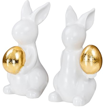 levandeo 2er Set Deko Hasen H14cm Weiß Gold Figur Ostern Deko Aufsteller Osterhase Tischdeko Osterei