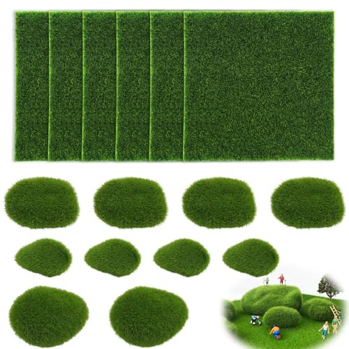 Elepl Kunstrasen Basteln Moos Deko Miniatur Garten 6 Künstlicher Rasen 15 * 15cm mit 10 Künstliches Moos Steine für Den Lnnen und Außenbereich Mikrolandschaft Miniatur Garten Deko Terrasse