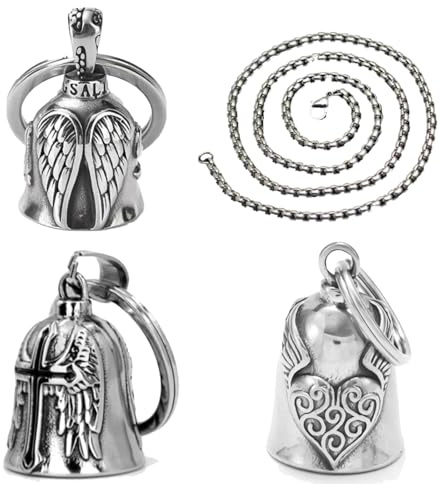 3 Stück Guardian Bell Motorrad Glöckchen, Edelstahl Fahrradglocke mit Kette, Motorradglocke für Biker, Ehemann, Glücksbringer (Silber)