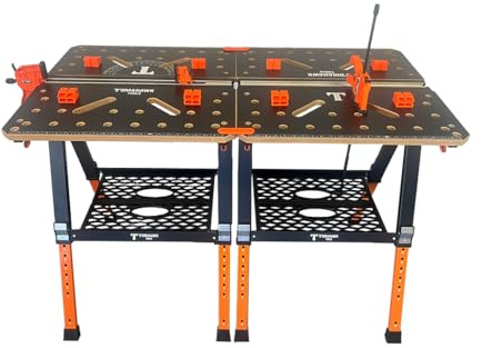 2 x Tomahawk Multifunction Workbenches with Clamps and Bench Dogs. Folding, Adustable Height 600-915mm, 454kg load capacity.