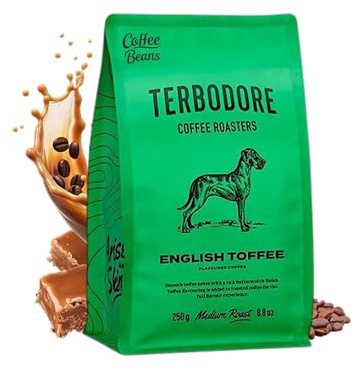 Terbodore | English Toffee Coffee Beans, 250g Bag, Whole Arabica Beans | Medium Roast for Machine or Grinder - Flavoured Coffee Beans for Home & Cafe, Hot or Iced, Toffee Flavoured Coffee Beans