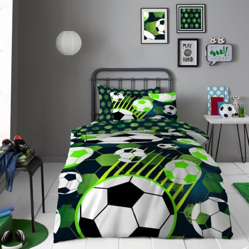 GC GAVENO CAVAILIA Football Duvet Cover Single With Pillow Case, Super Soft Reversible Football Printed Bedding, Cosy & Comfy Polycotton Kids Bedding For Boys & Girls, Green