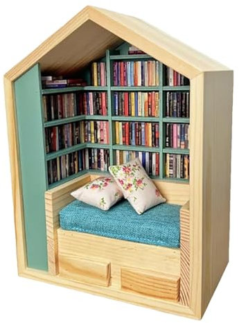 Miniatur-Booknook-Bausatz, Holzhaus-Bausatz, Winziges Bibliotheks-Bücherregal, Handgefertigtes Tiny House, Bibliothek Tiny World Inside Wood, Holzdekoration, Tiny Bookstore für und Mädchen