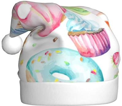 Kycvds Cupcakes Donuts Muffins Zucker Nikolausmütze Urlaub für Erwachsene Unisex Samt Komfort Extra dicker Hut für Neujahr