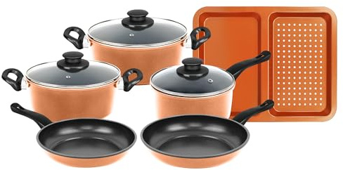 Herzberg,HG04838-COP, robuste Kochgeschirr mit Antihaftbeschichtung, für alle Herdarten, elegantes Kupferdesign, gesundes Kochen ohne Öl, 9-teilig, Farbe Kupfer | Antihaftbeschichtung, für alle Herdarten geeignet, gesundes Kochen ohne Öl, elegantes Design, leicht zu reinigen