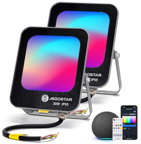 Aigostar Mesh – Foco LED RGBW exterior Proyector, Bluetooth Mesh 30 W 2700 lm Faros LED de exterior, 6500 K blanco frío, faro para decoración festiva de Navidad, jardín (2 unidades)