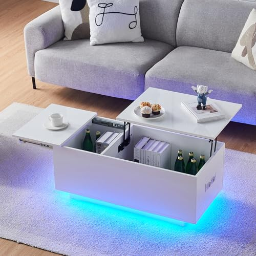 TUKAILAI Couchtisch Weiß Hochglanz mit Stauraum | Wohnzimmer Couchtisch mit LED Beleuchtung ,Steckdose und USB-Anschlüsse,Musikrhythmus,Einstellbar Couchtisch Holz Rechtecke