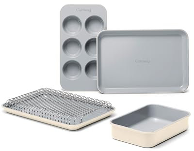Caraway Mini Bakeware Set – Naturally Non-Stick, Non-Toxic Ceramic Coating – Compact Baking Pans Set for Small Kitchens & Ovens – Includes Baking Sheets, Muffin Pan, Cooling Rack & Storage - Cream