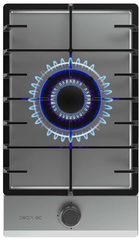 Cecotec Placa de Gas Butano y Natural 1 Fuego Bolero Squad G 1200F Inox. 3500W, Acero Inox, Parrillas Completas Hierro Fundido, Quemador WOK Triple Corona, Encendido Eléctrico, Sistema Seguridad