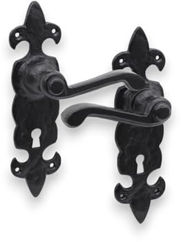 Infinity Decor Traditional Cast Iron Black Fleur De LYS Lever Lock Backplate Door Handle Pair - Rustic Design Door Handle Set for Internal and External Use