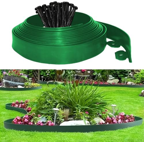 Bordura Giardino Plastica, Recinzione Giardino Esterno 5cmx10m, Include 30 punte di ancoraggio e 1 connettori, con un paio di guanti, Recinzione Decorativa per Giardino (Verde, 5cmx10m)
