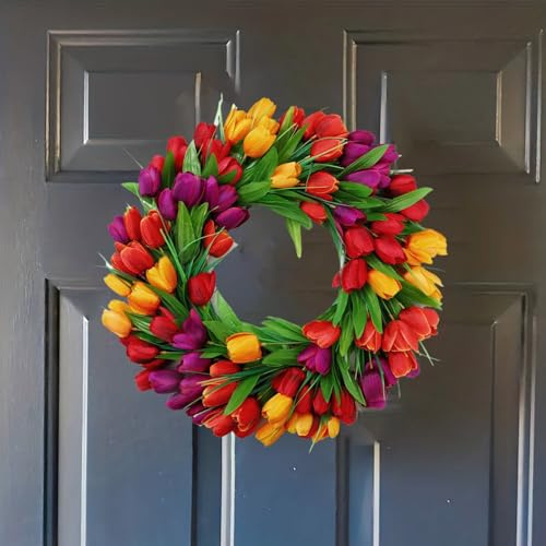 20 Inch Tulip Wreath, Spring Wreath for Door, Artificial Tulip Flowers Wreaths for Front Door Window Wall Easter Party Wedding Decor (B)
