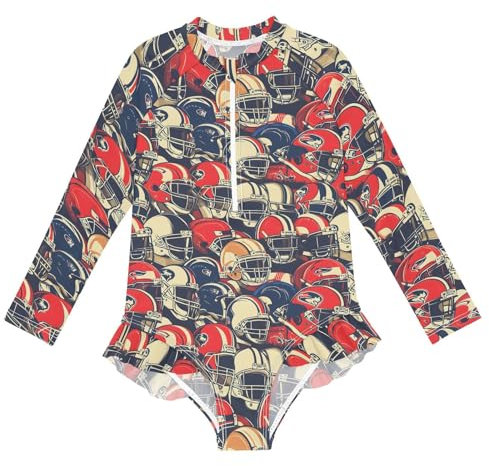 Mnsruu Costume da bagno a maniche lunghe con casco da football americano, costume da bagno con cerniera, UPF 50+ Rashguard, multicolore, 5-6 Anni
