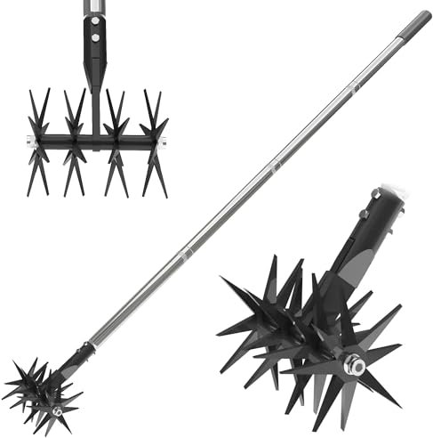 CKLT Cultivador giratorio de 66 pulgadas con dientes de acero templado y mango de acero inoxidable ajustable, herramienta manual de cultivador de jardín para aflojar el suelo y mezclar fertilizantes