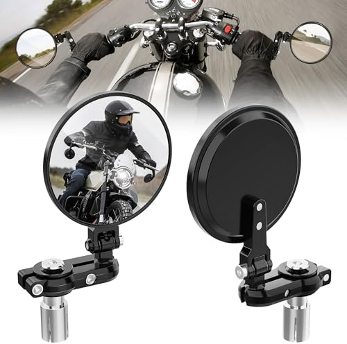 Wolfwill 3 Round Rear View Motorcycle Mirrors, Universal Folding Bar End Side Mirror, CNC Aluminum, Convex Lens, Compatible with Honda, Yamaha, Suzuki, Scooters, Cruisers