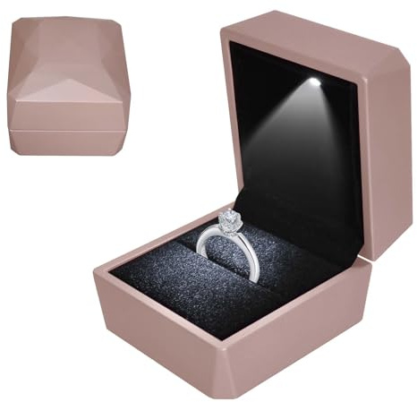 Colexy Caja de Anillo con Luz LED, Caja de Terciopelo, Joyero para Anillos, Anillos Cajas de Almacenamiento de Joyería LED, para Propuestas Compromisos Bodas y Valentín, 5.8 * 6.3 * 5cm, OroRosa