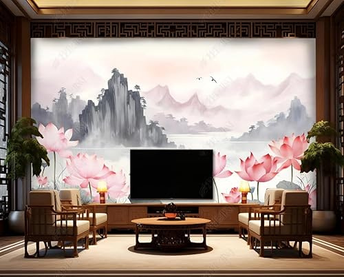 Papier Peint Intissé Paysage De Lotus À L'Encre Poster Tableaux Muraux Tapisserie Photo Trompe L'Oeil Salon Chambre Art Mural 450Cm(L) X315Cm(H)