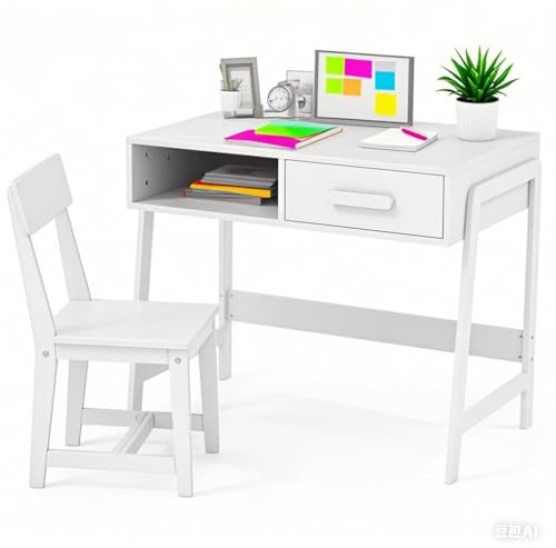 LIFEZEAL Juego de sillas de Escritorio para niños, Escritorio de Madera con cajones y Estante, Grupo de Asientos Infantiles para el hogar y la Escuela, Escritorio de Estudiantes (Blanco)
